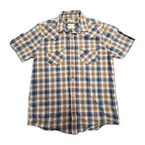 Ariat Retro Fit Men's Medium Short Sleeve Brown Plaid Pearl Snaps Western Casual